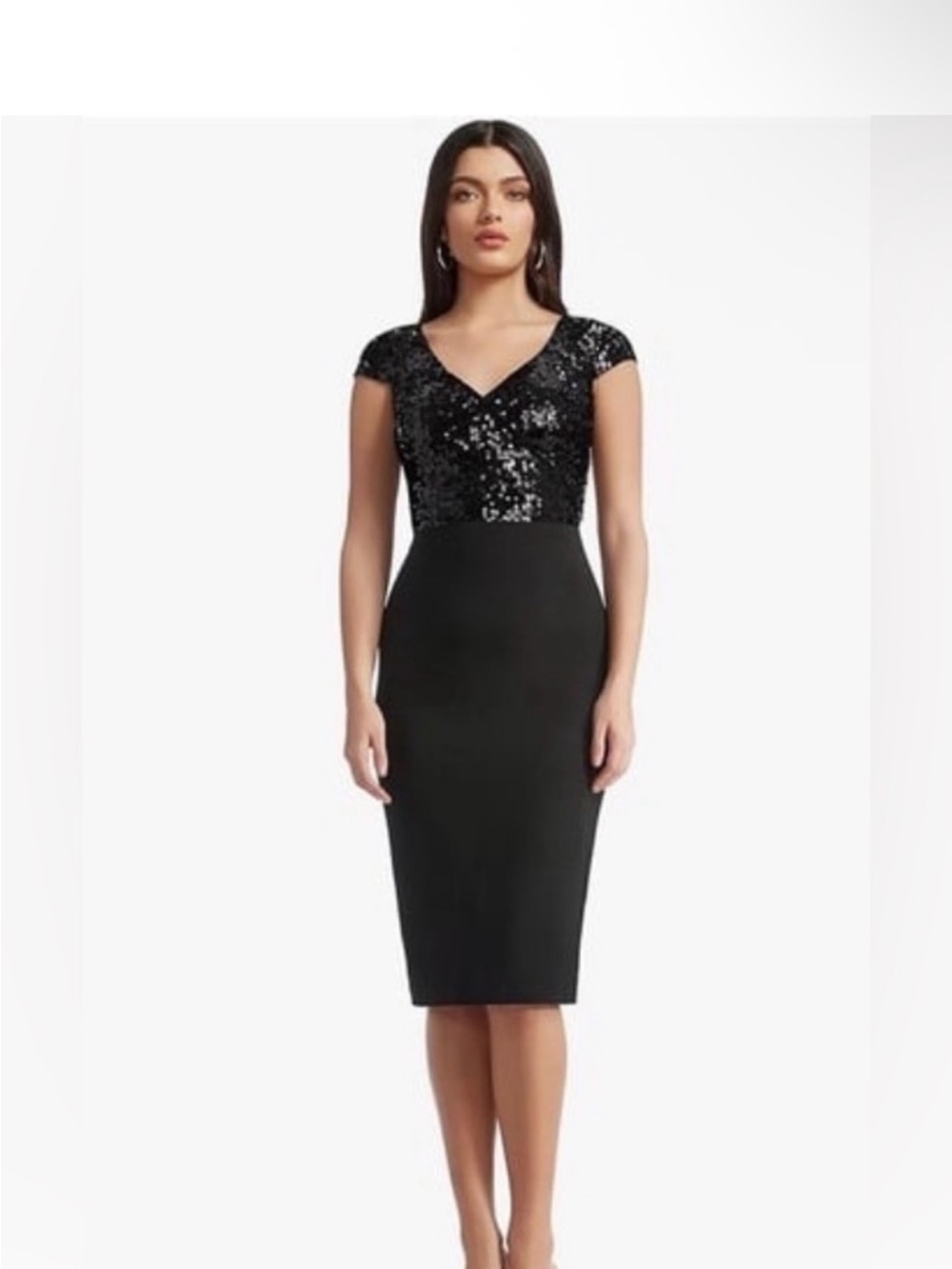Dress the Population Black Sequin Cap-Sleeve Midi Sheath Dress